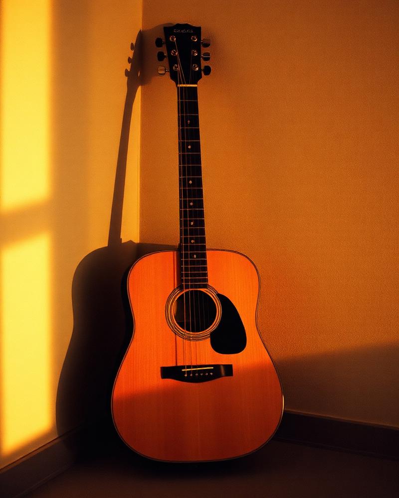 Acoustic guitar leaning against a wall